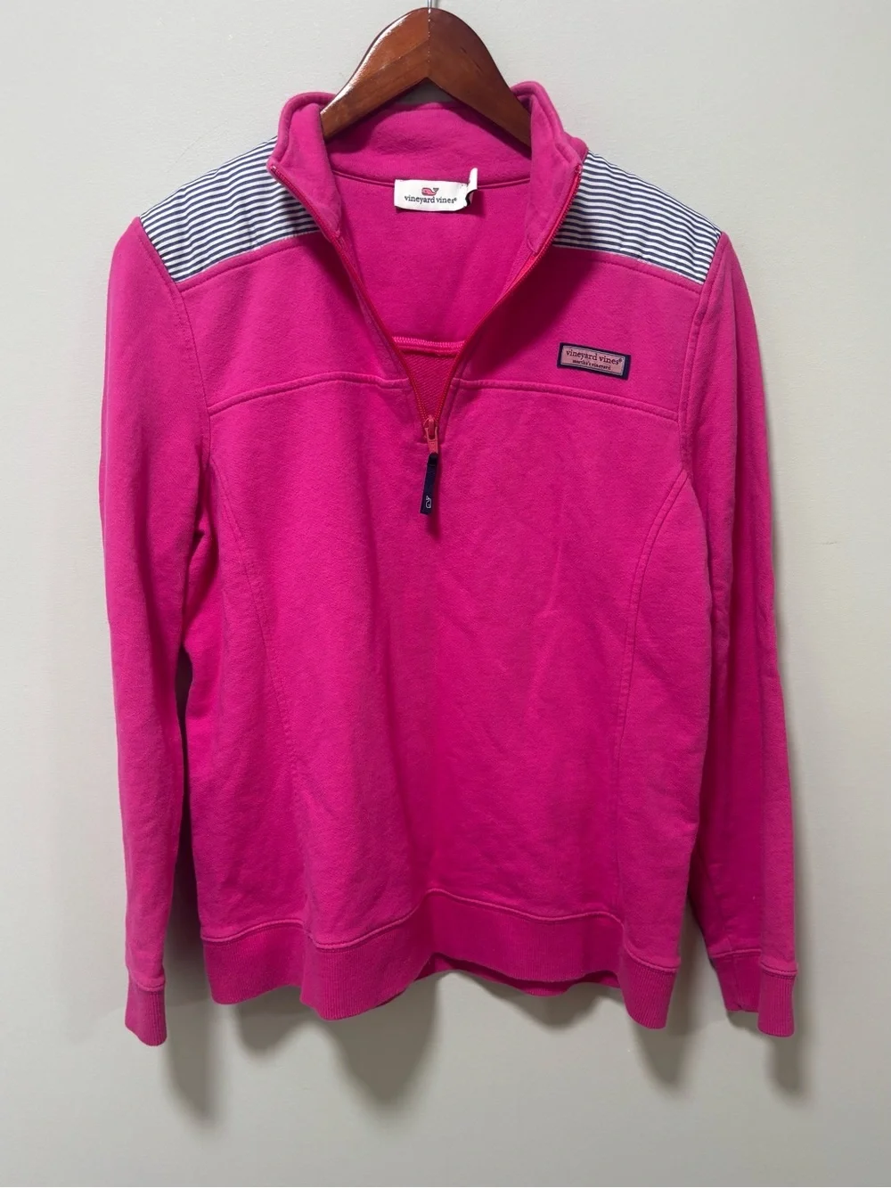 Vineyard Vines 100% Cotton Hot Pink Quarter Zip with Navy White Stripes M
